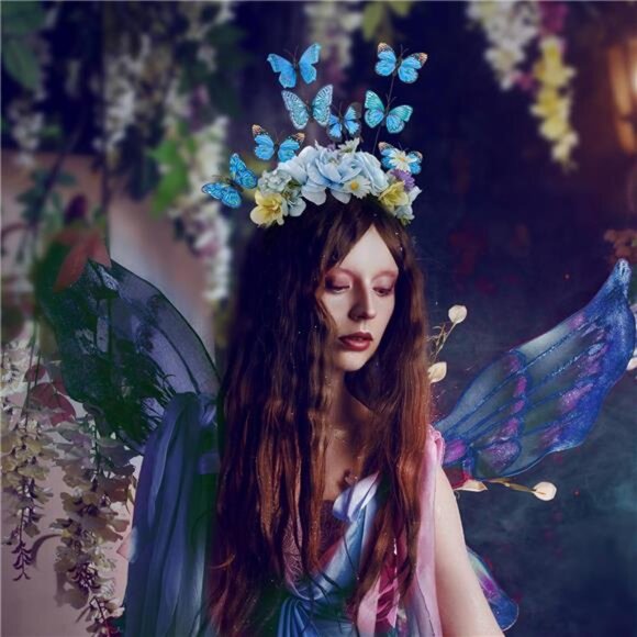 Blue Butterfly Flower Headband | Monarch Fascinator, Floral Crown for Women - Picture 3 of 5